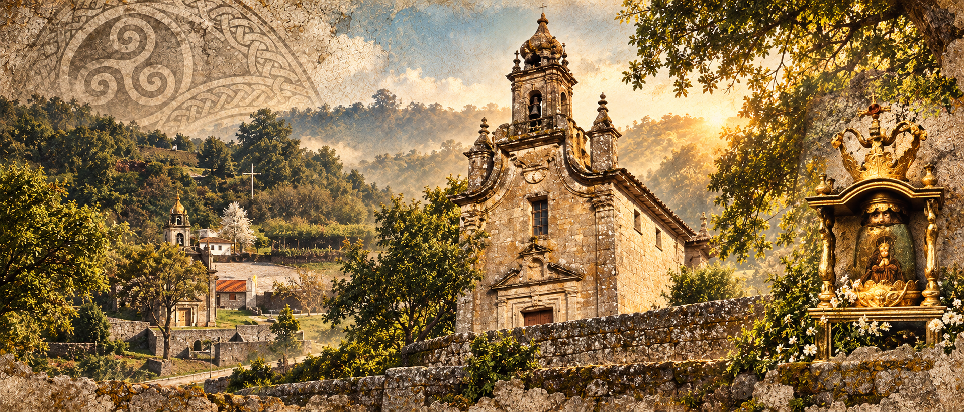 Collage ilustrado: Santuario da Virxe do Cristal