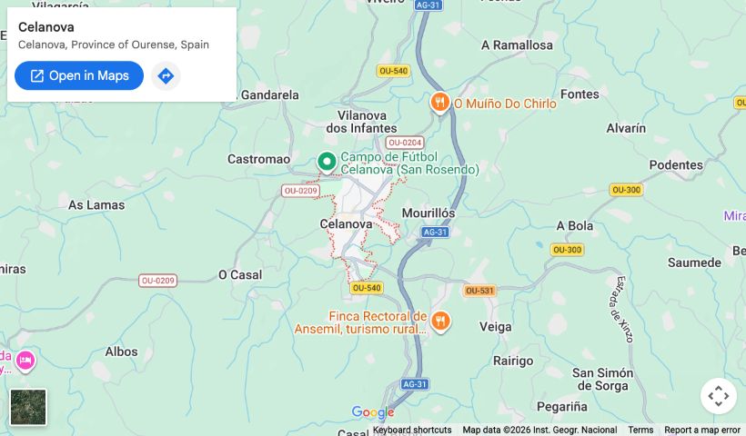 Mapa de Celanova y su entorno: Castromao, Vilanova dos Infantes, A Bola y Veiga